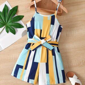 Geometric Pattern Cami Romper For Girls, Trendy Summer Beach Jumpsuit Vacation